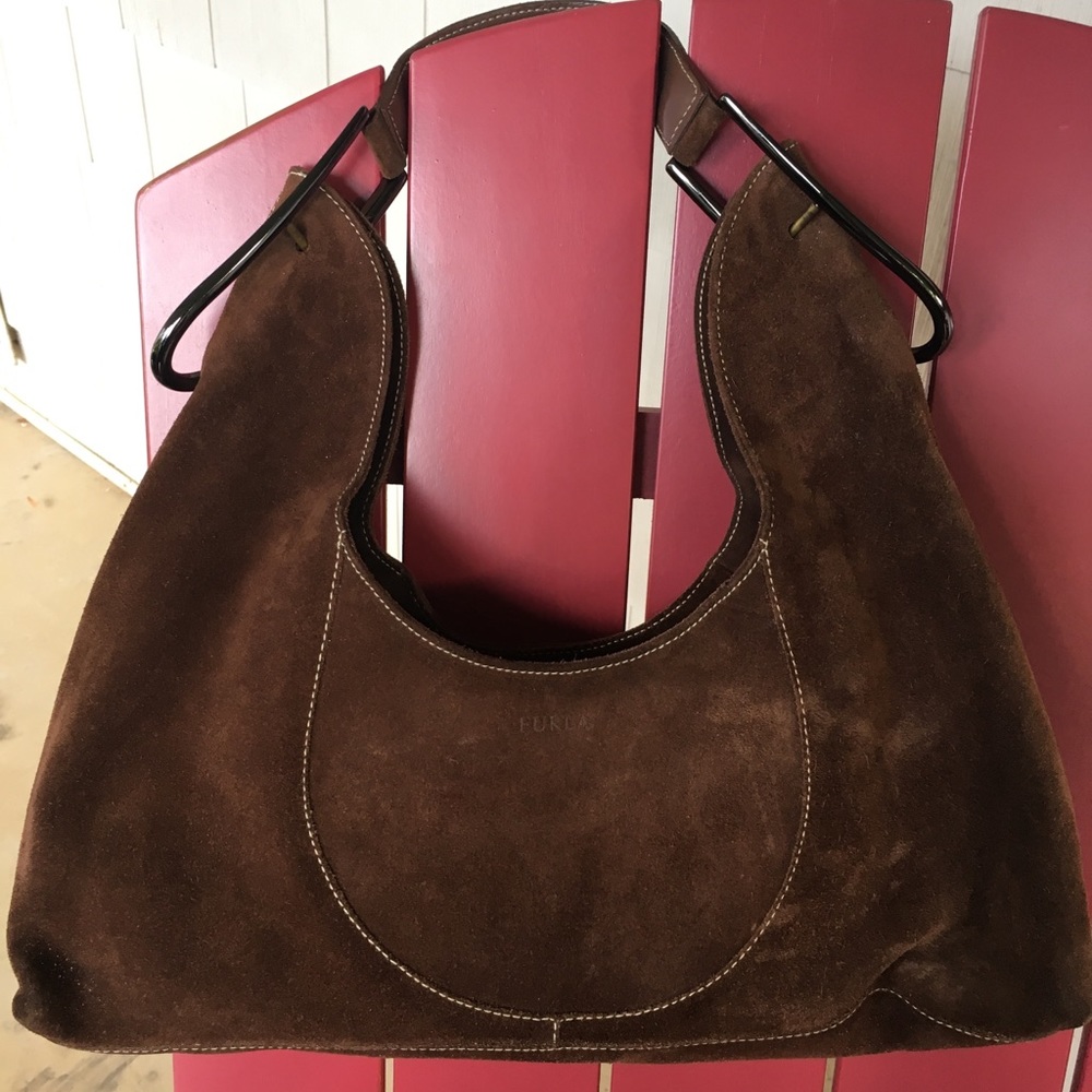 Furla Chocolate Brown Suede Hobo w White Stitching